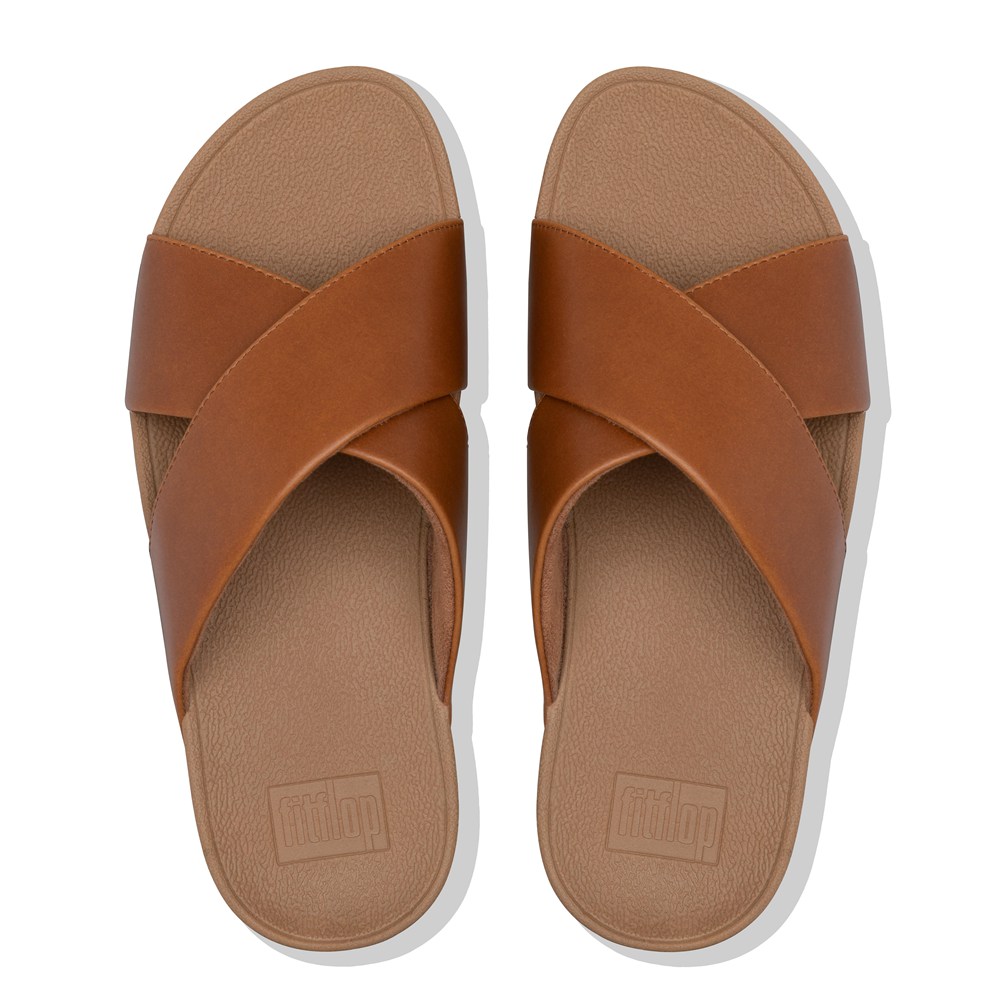 Fitflop Womens Slides - Lulu Leather Cross - Brown - 837-DNULFW